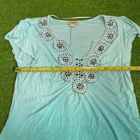 Vintage Y2K One World Beaded Neckline Asymmetrical Hem Blue Ombré Boho Glam - Picture 5 of 7